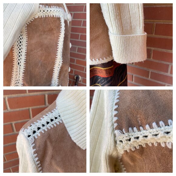 Vintage 70s Suede Leather Knit Cardigan Sweater Jacket Retro | Size S/M - Picture 5 of 10